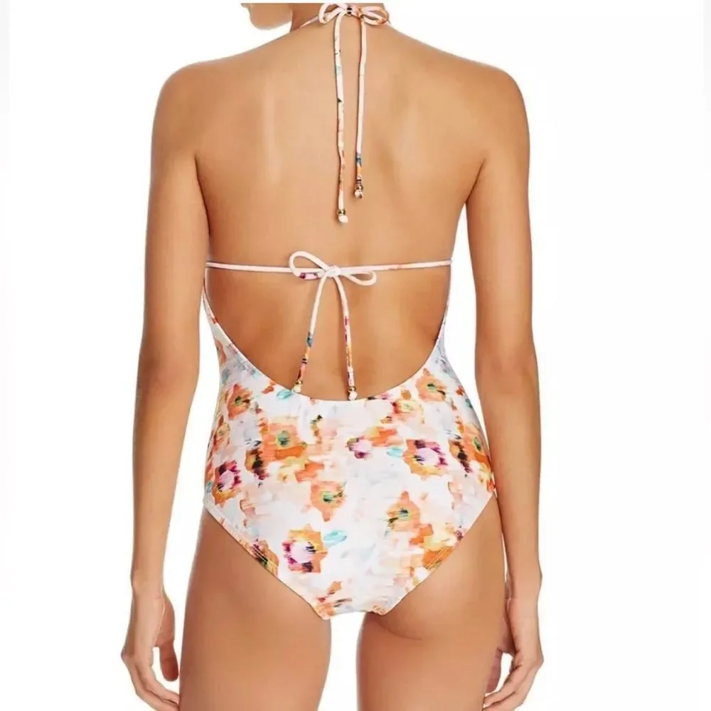 Shoshanna Deep V Halter One Piece Lace Up Swimsuit Bathing Suit Size 6 $230